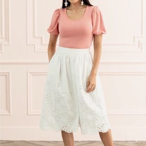 Rachel Parcell White Eyelet Linen Button Front Skirt - L